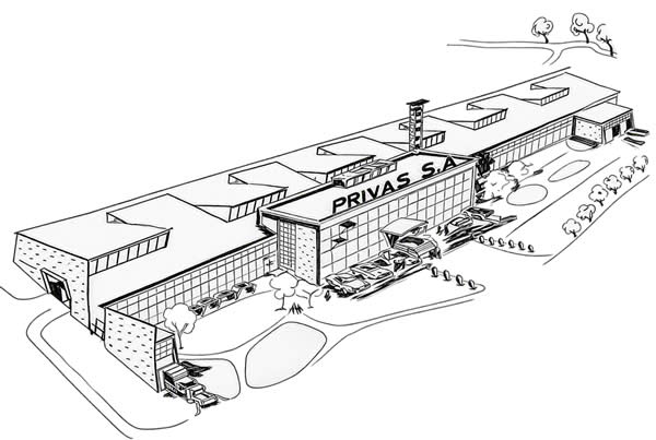 Le personnel de l'entreprise Privas devant l'usine à La Gacilly en 1964